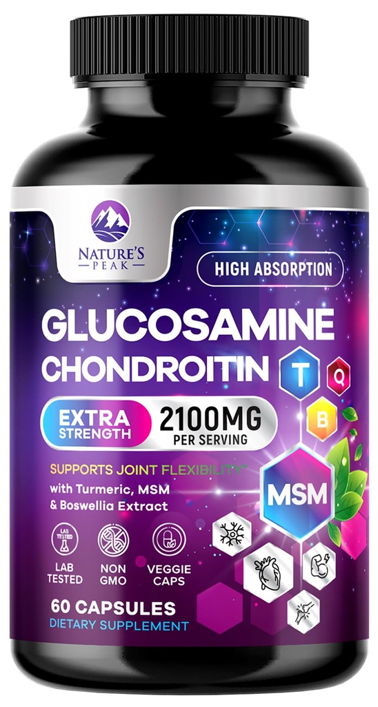 Glucosamine Chondroitin MSM Ortak Supplement 2100 mg - Glucosamine Sulfate, Turmeric, Boswellia, Quercetin & Bromelain - Doğa Ekstra Güçlü Flexability, Mobility & Ortak Destek, 60 Capsules