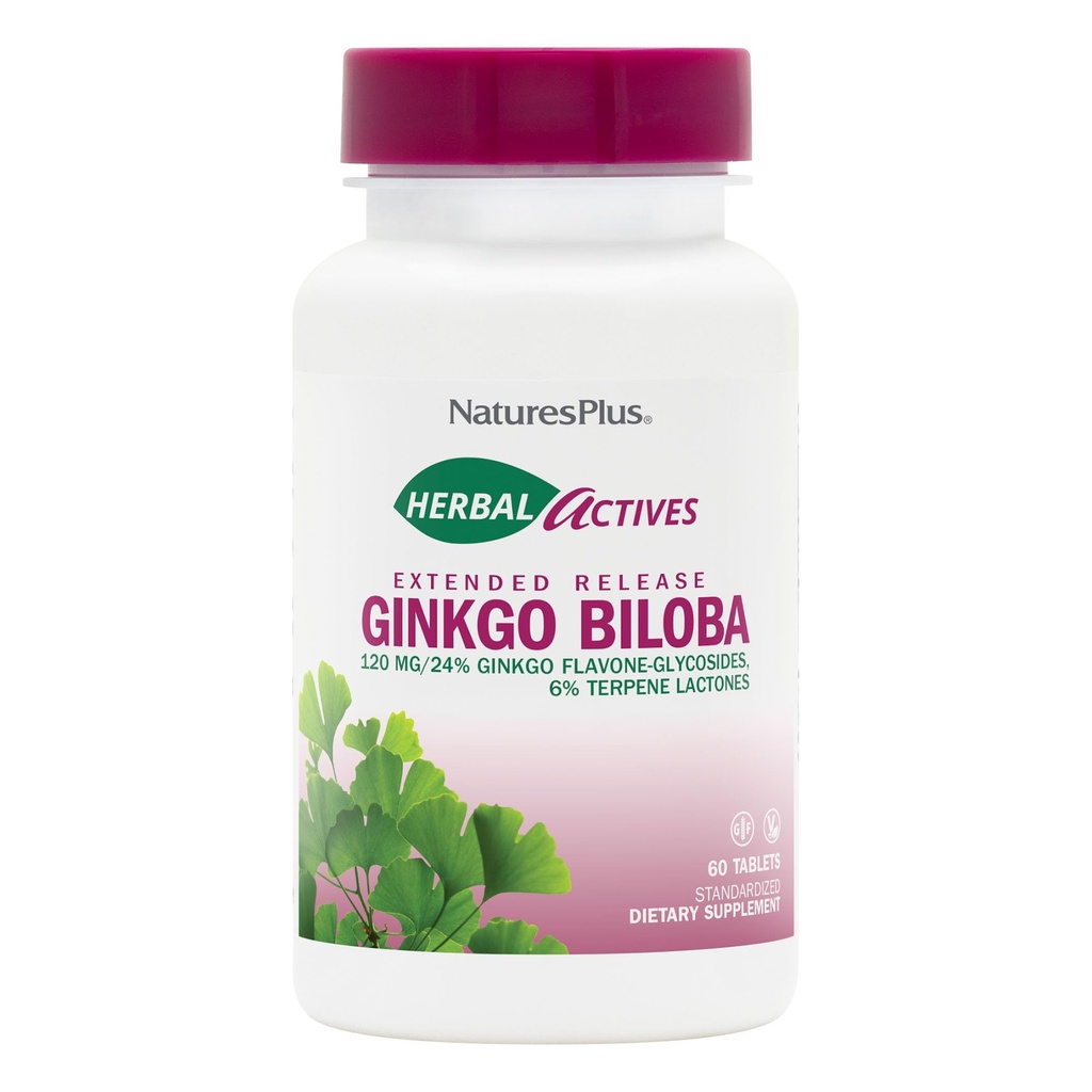Natures Plus Herbal Actives Ginkgo Biloba, Genişletilmiş Yayın - 120 mg, 60 Vegan Tablet - Vejetaryen, Gluten-Free - 60 Hizmet