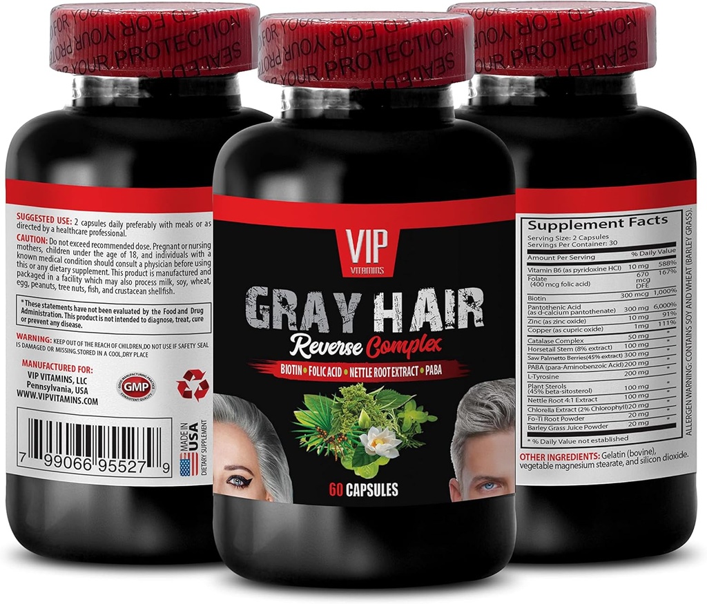 VIP VITAMINS Saç Supplement - Gray Saç Ters Kompleksi, Biotin, folic Acid, Nettle Root - Saw Palmetto Extract, 1 Şişe (60 Capsules)