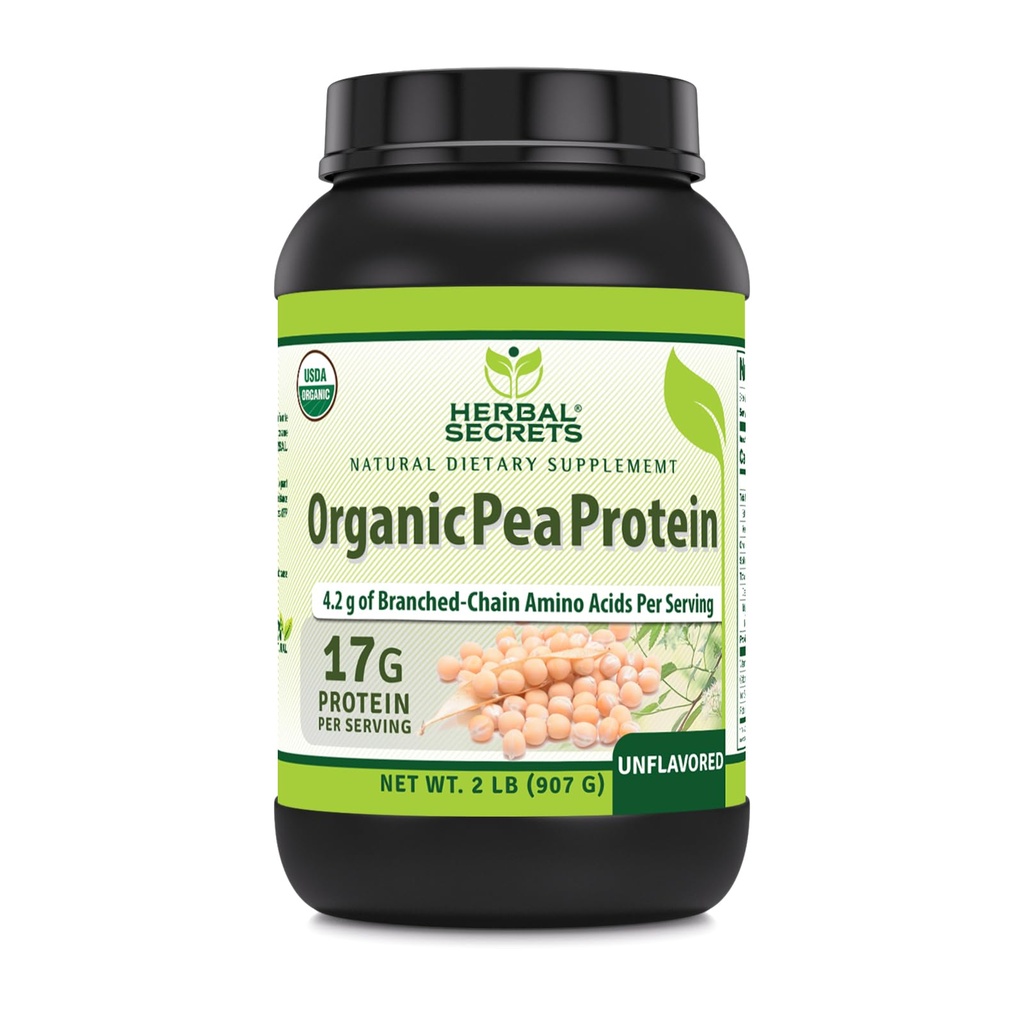 Herbal Sırları Organik Pea Protein Toz | 2 Lbs. | 17 Grams Protein Oda başına | 4.2 Grams BCAA Supplement | Non-GMO | Gluten Free | Made in USA
