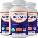 Vitamatic Folic Acid 5 mg (5000 mcg) - 120 Vejetaryen Tabletler Şişe başına - B9 (Folate) - 3Pack | Total 360 Tabletler