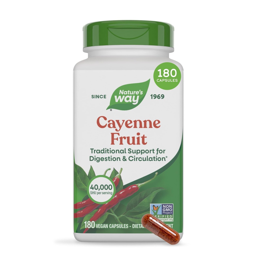 Nature's Way Cayenne Pepper Capsules, Geleneksel Digestion & Circulation Support*, Capsaicin, Non-GMO Project  Valid, Gluten Free, 180 Vegan Capsules (Pazar Mayıs Vary)