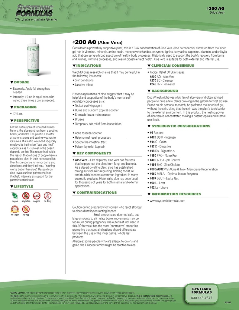 Systemic Formulas AO – Aloe Vera 16 Fl Oz BioExtract #200. 3-4x İç ve Dış kullanım için Aloe Vera Ekstradüksiyonu.