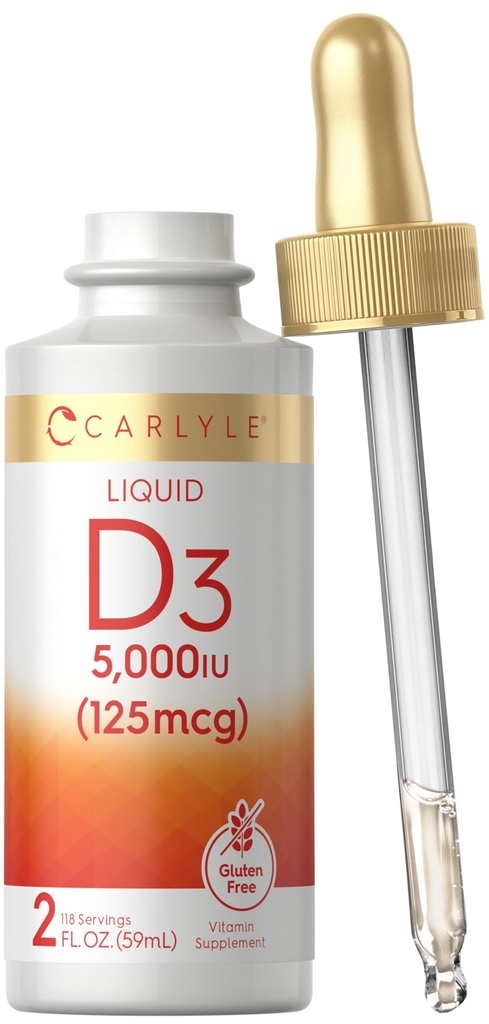 Carlyle Sıvı Vitamin D3 | 5000 IU (125 mcg) | 2 oz | Vegetarian, Non-GMO ve Gluten Free Supplement | D Liquid Drops for Yetişkinler için