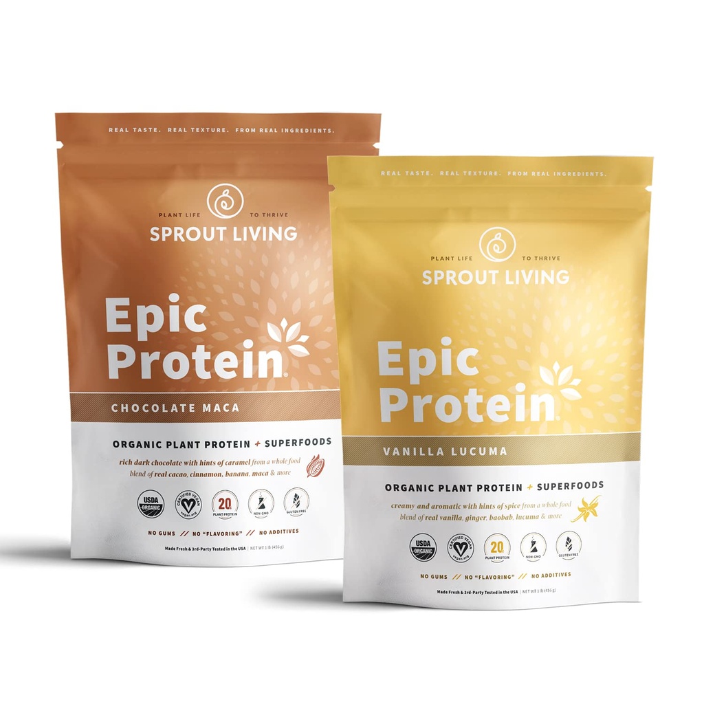 Sprout Living Epic Protein Sche - Chocolate Maca & Vanilla Lucuma (20g Organic Plant-Based Protein Toz, Vegan, Gluten Free, Superfoods) | 1lb, 12 Hizmet