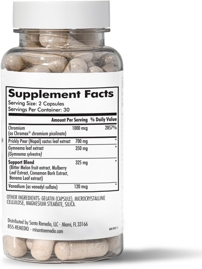 Santo Remedio'nun Özel Formula Nopal, Chromium Picolinate (Chromax), Gurmar (Gymnema Silvestre) ve Valvedyl Sulfate 60 Capsules (30 hizmet)
