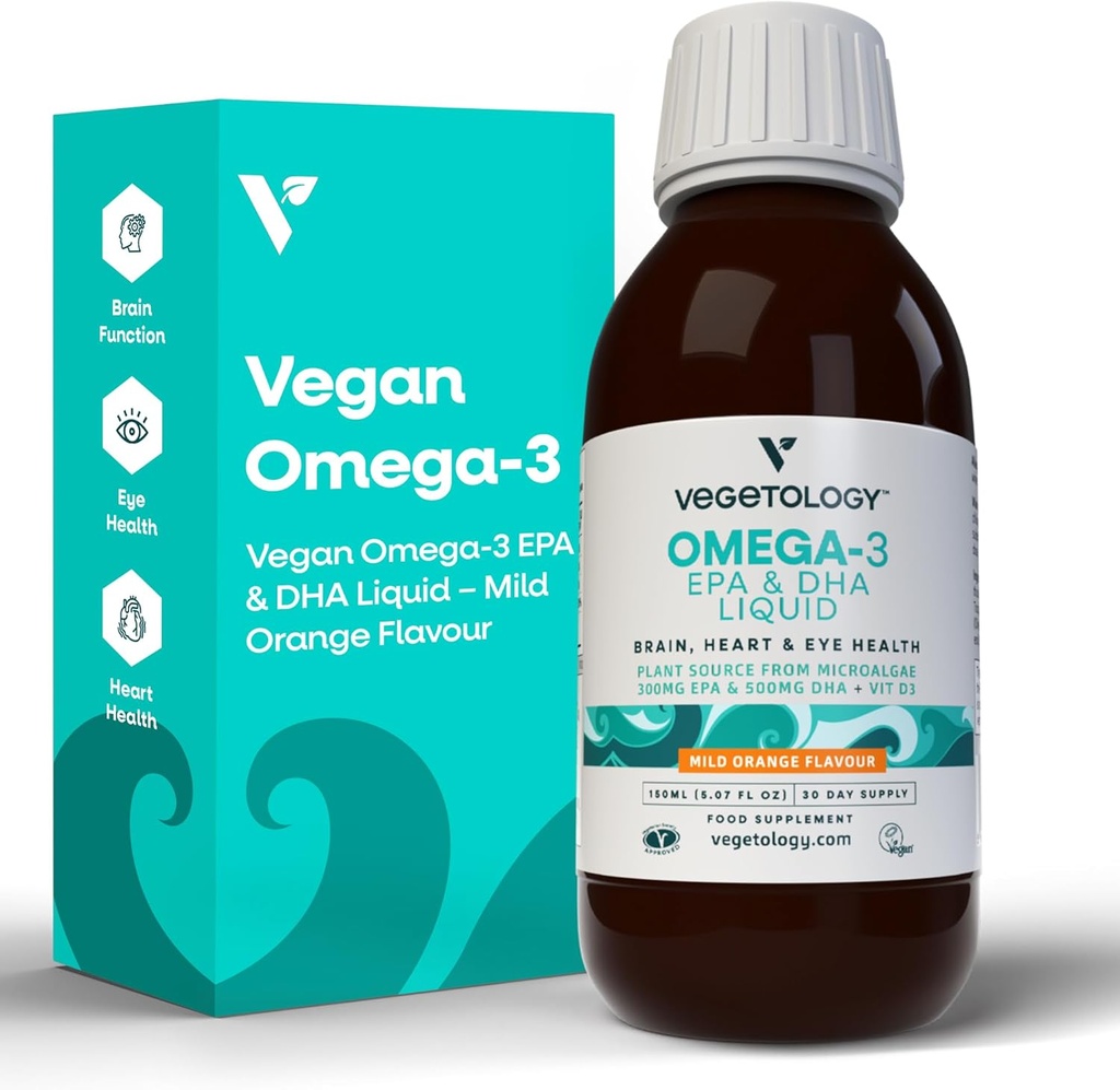 Vegan Omega 3 Sıvı, Microalgae, 800 mg of EPA DHA, D3, Destekler Kalp, Beyin ve Göz Sağlığı, Doğal Fish Oil Alternatif, İngiltere Made, Mild Orange Flavoured