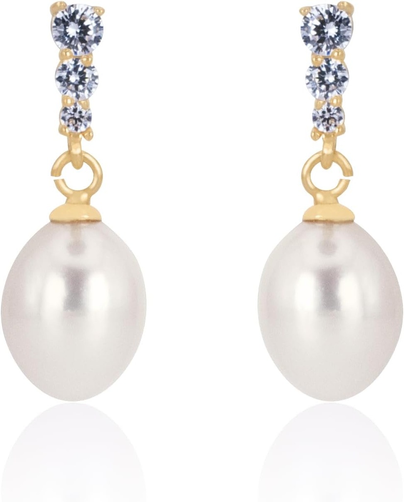 18K Gold Plated Sterling Silver Dcoat White Drop Handpicked Quality Freshwater Cultured Pearl Wedding Earrings with Cubic Zirconia Crystals Pearl Bridal Earrings Jewel for Brides
