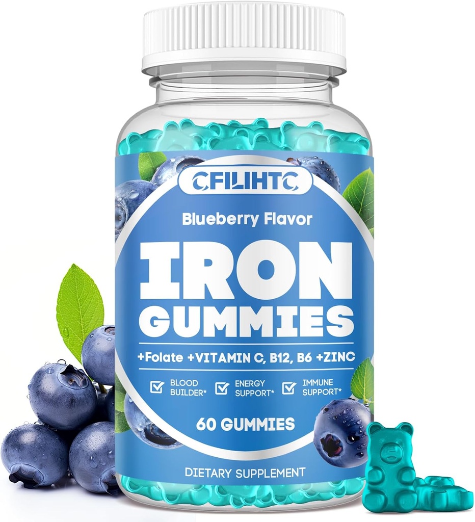 Kadınlar ve Erkekler için Demir Gummies - B6 Vitamini ile Demir Supplement, B12, C, çinko, Yetişkinler ve Çocuklar için Folate - Demir Deficiency, Anemia, Energy Boost, Blood Builder - Sugar Free Vegan 60ct Blueberry