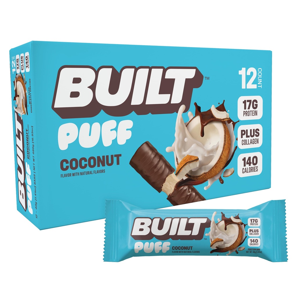 İnşa edilen Bar, Puff protein Bars, Coconut Puff, 17g Protein Snacks, On-The-Go Bars, Only 140 Calories, 6g Sugar, Collagen, Gluten Free, 12 Count