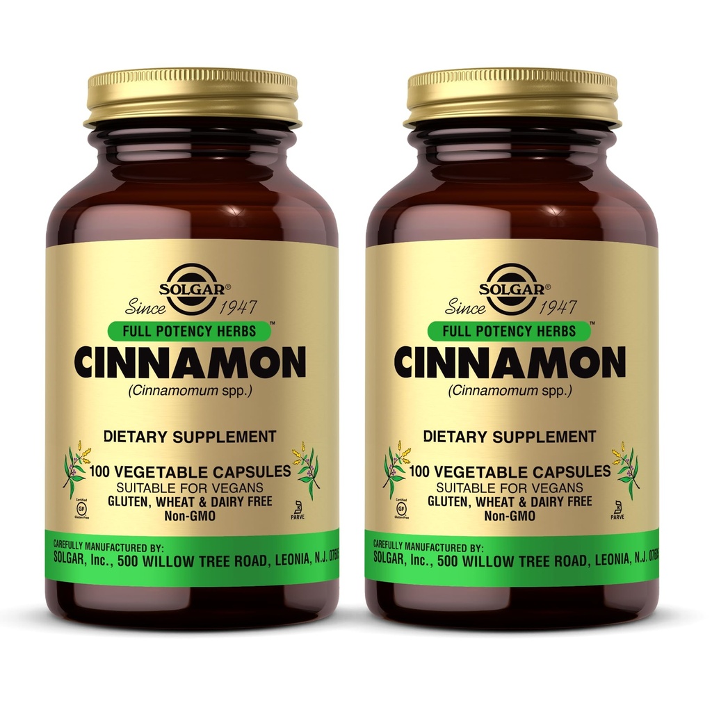 Solgar Cinnamon - 100 Sebze Kapsülleri, 2 Paket - Tam Potency (FP) - Non-GMO, Vegan, Gluten Free, Dairy Free, Kosher - 200 Toplam Hizmetler