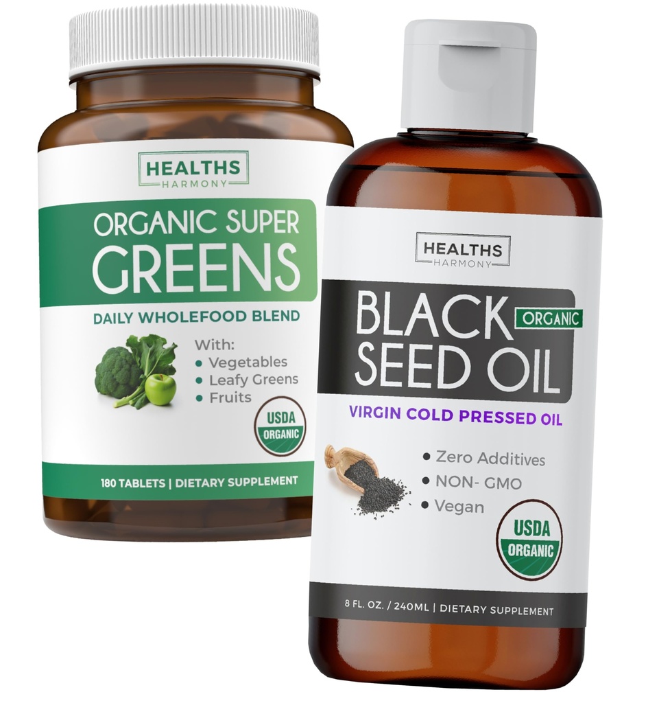 Super Greens & Black Seed Oil (3-Month Supply) Herbal Oil Sac of Organic Super Greends Toz - Tamam Superfood (180 Capsules) & Organik Siyah Tohum Yağı Sıvı - Soğuk baskı (8 fl oz)