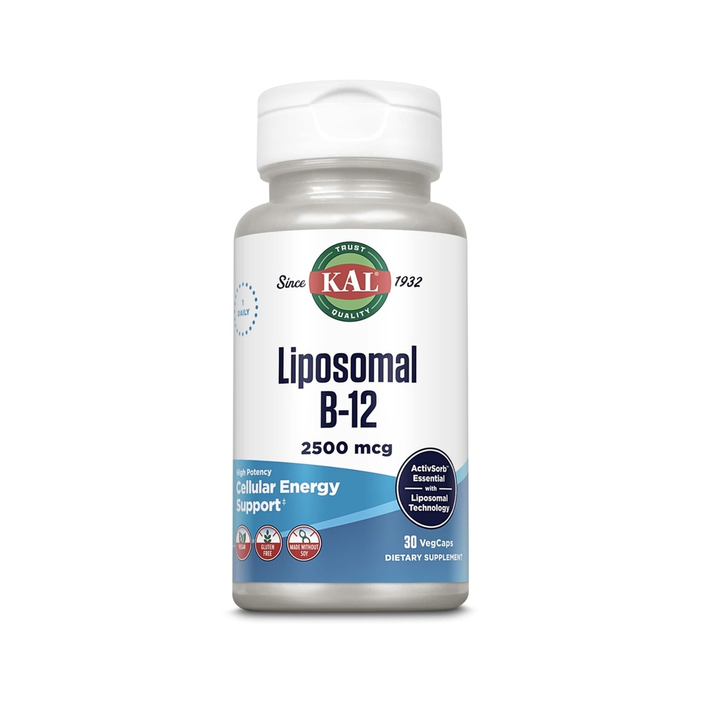 KAL Liposomal Vitamin B12 2500 mcg, High Abvitamin, Liposomal Teknolojisi, Hücre Enerji Desteği, Vegan Capsules, Gluten Free, Made Without Soy, 30 Servisler