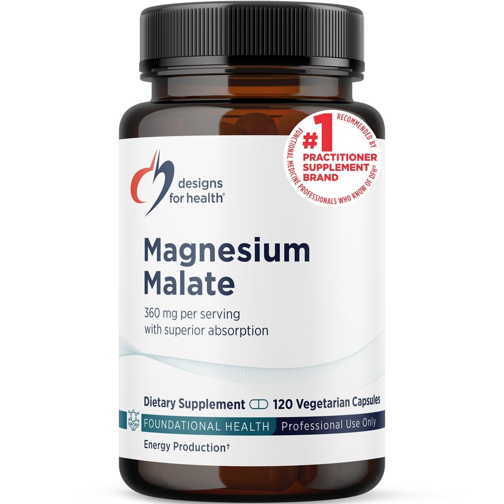 Designs for Health Magnesium Malate, Bioavailable Magnesium, 120 Capsules