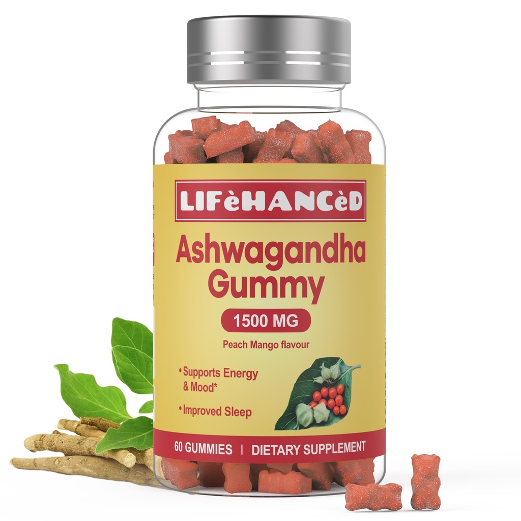 Ashwagandha Gummies, LAB Tested, 60 Kont,1500 mg,3% Withanolides,Peach Flavour, Ideal Supplement for Your Entire Family.