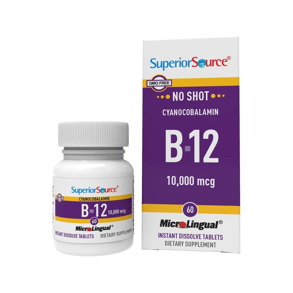 Üstün Kaynak No Shot Vitamin B-12 Cyanocobalamin 10000 mcg - Vitamin B-12 Enerji Üretimi, Beyin Sağlığı ve Genel Wellness - Sublingual Tabletler - 60 Dissolvable Tabletler - 60 Dissolvable Tabletler