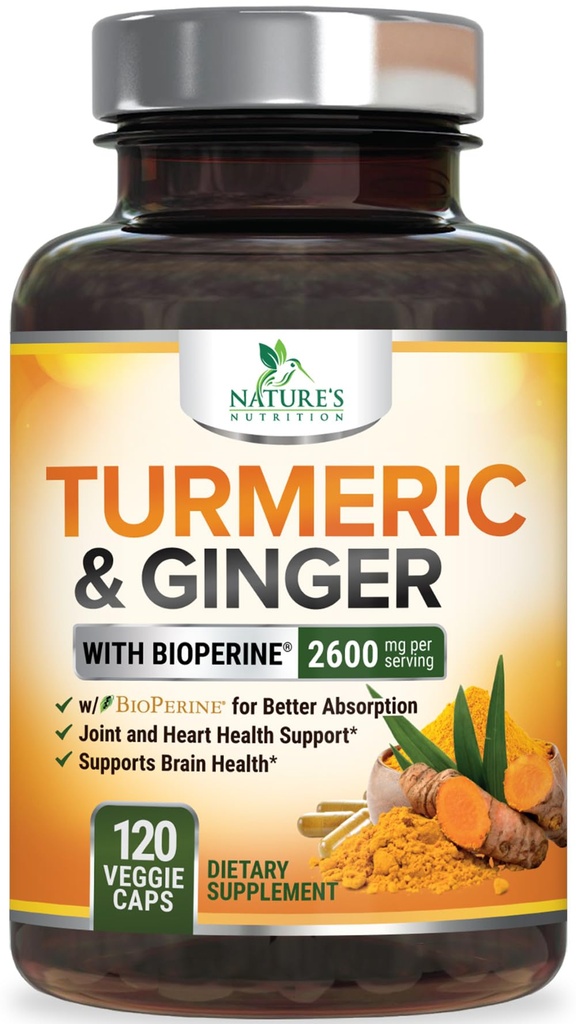 Turmeric Curcumin Supplement 2600 mg - Organik Ginger & Turmeric, BioPerine Black Pepper % 95 Curcuminoids - Gelişmiş Abors & Antioksi Ekstra Güç Desteği - 120 Capsules