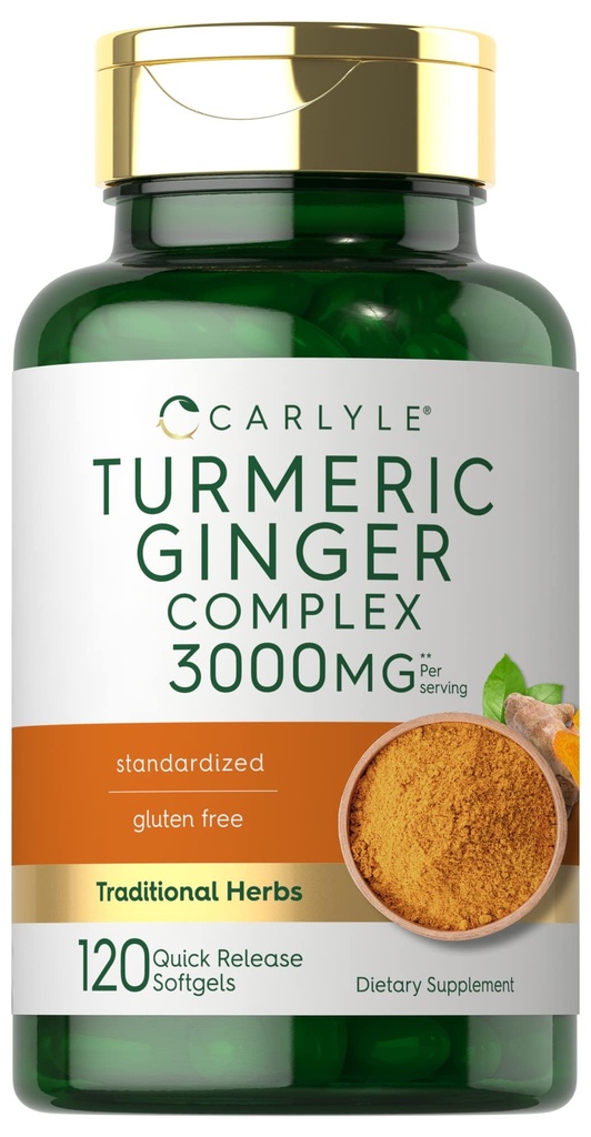Carlyle Turmeric ve Ginger Supplement 3000 mg | 120 Softgel Capsules | Turmeric Curcumin Kompleks | Black Pepper Extract | Non-GMO, Gluten Free