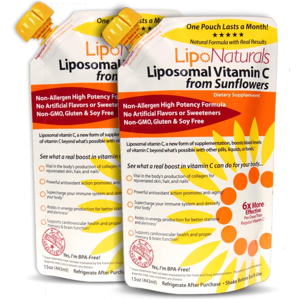 Lipo Naturals Liposomal Vitamin C 1000 mg Sıvı (2-Pack 60 Dos) - Doğal Formula Immunity + Enerji Desteği - Vegan, Çin-Free (15oz / 443 ml ea)