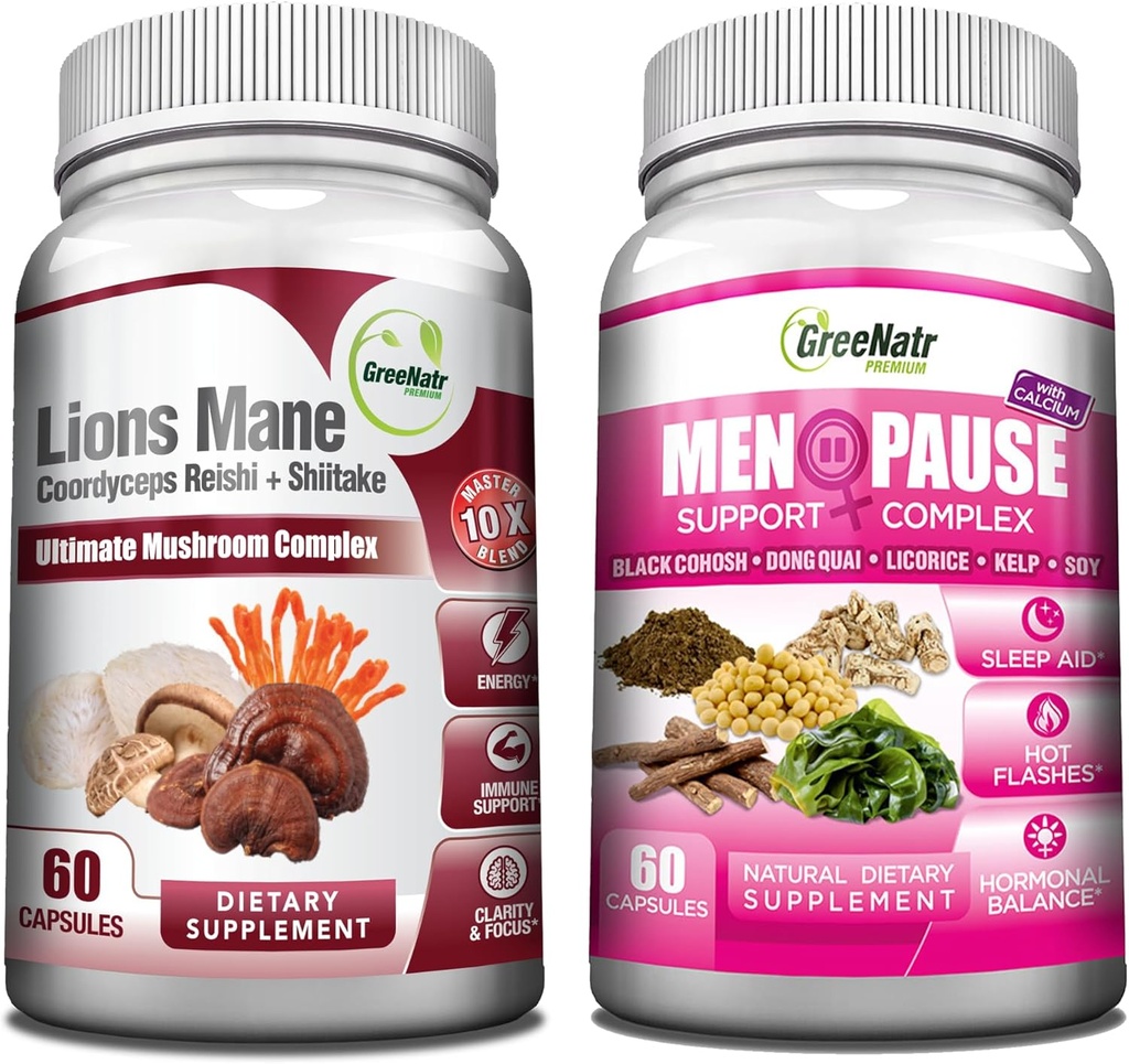 GreeNatr Energy Boost Plus Menopause Support Sche: Mushroom Supplement Doğal Enerji Boost sağlar, Sürekli Vitality + Herbal Menopause Komple Flashes için Kompleksi