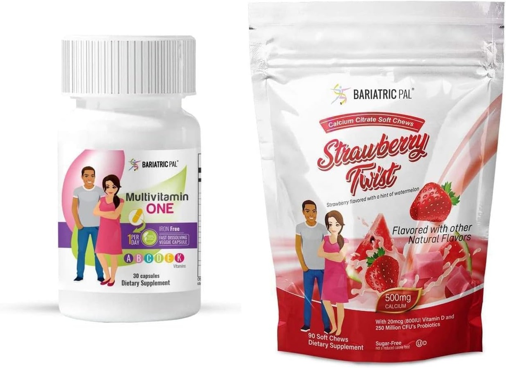 BariatricPal Duodenal Switch 30-Day Supply Vitamin Paketi (Iron-Free Capsule Food Citrate Soft Chews with Probiyotiks - Strawberry Twist)