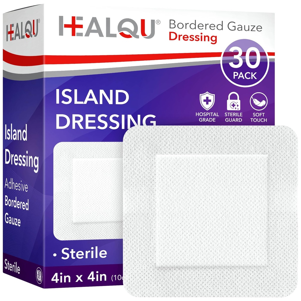 HEALQU Island Giyinme - 4"x4", 30 Kont - Sınırlanmış Gauze Sterile Bireysel olarak Gauze Pads, Water-Resistant, Non-Woven Backing - Soft and Breathable Yara İlk Yardım ve Tıbbi Yardım için Giymek