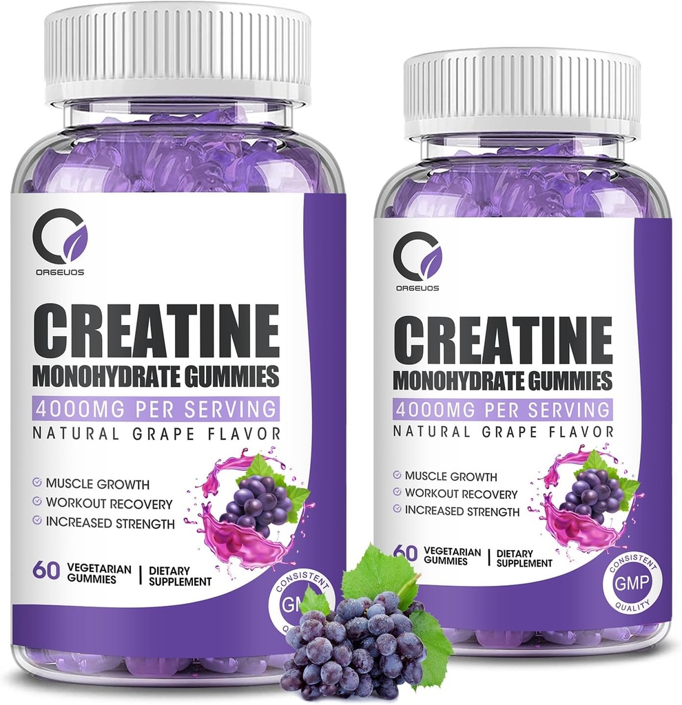 Erkekler ve Kadınlar için Kre Güçleri Kanlı Monohidrat Gummies Muscle Strength for Men & Women, Energy Boost Pre Work Supplement - Grape Flavor