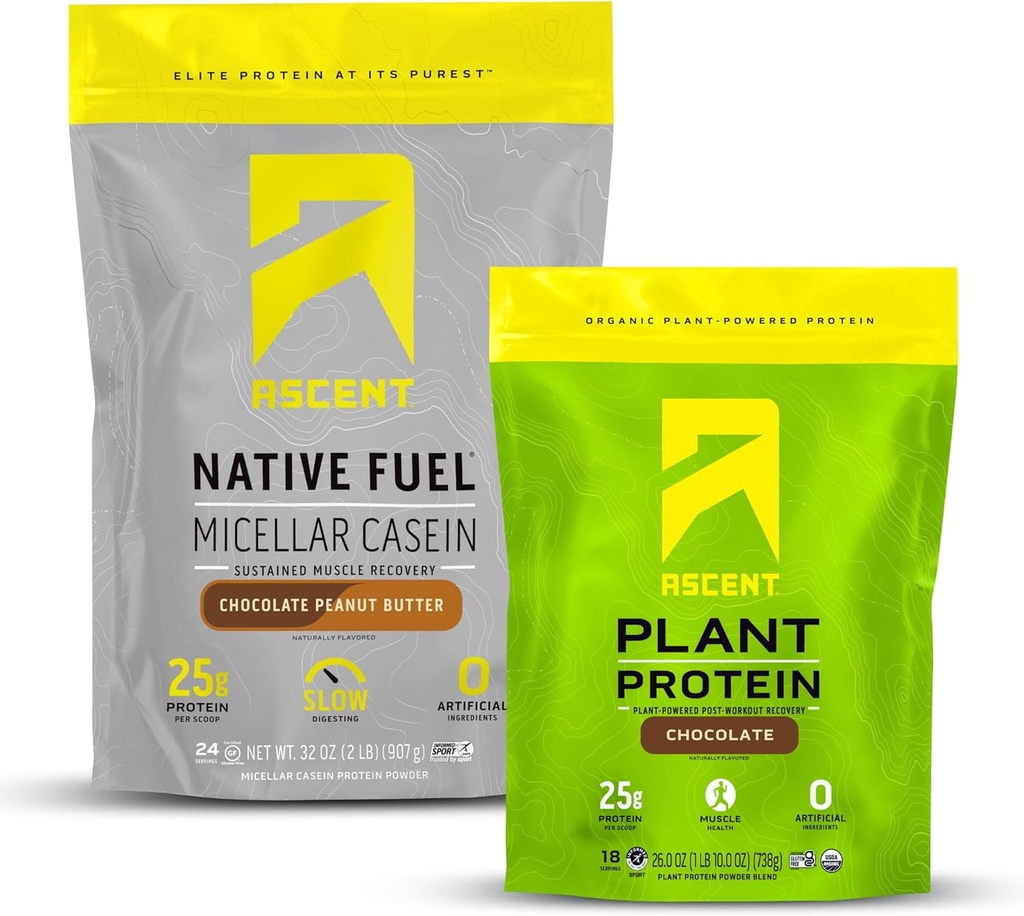 Ascent Casein Protein Toz Chocolate Peanut Butter 2 lb & Plant Protein Toz Çikolata 18 Hizmet