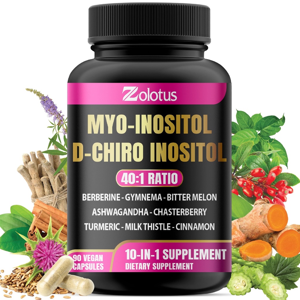 Zolotus Myo-Inositol & D-Chiro Inositol Ideal Oran Inositol Supplement with Bitter Melon, Milk Thistle, Turmeric, Gymnema, Chasteberry, Ceylon Cinnamon, Ashwagan, Berberine - 90 Capsules