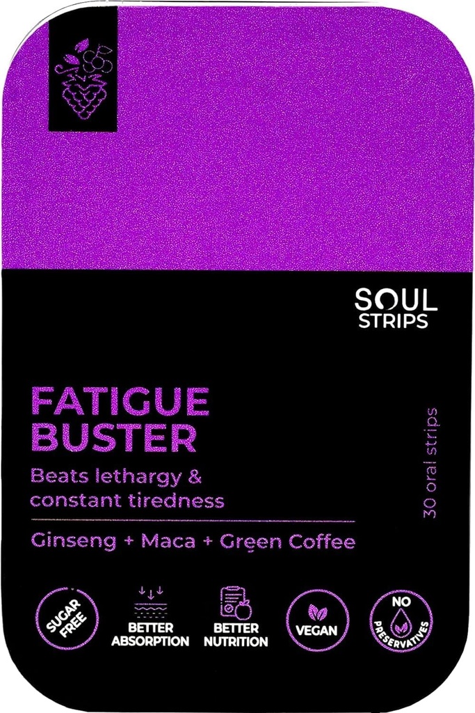 Soul Strips Fatigue Buster Ginseng, Maca, Green Coffee, Zihinsel ve Fiziksel Şergue azaltır, karma Fla Flavor, Quick Absorb, Daily Use, Zero Sugar, Vegan, 30 Strips Pack