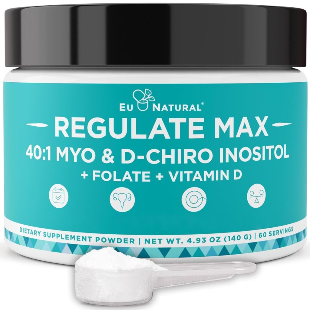 Regulate MAX Myo-Inositol & D-Chiro Inositol Supplement Toz for Women with Vitamin D & Folate Psychoal Support, Hormon Denge & Ferttitude Support, Unflavored 60 Hizmetler