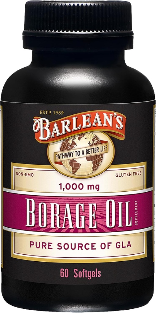 Barlean'ın Borage Oil Supplements, Cold Pressed Pure Borage Seed Oil Supplement Softgels for Men and Women, 1000 mg GLA Fatty Acids, 60 Kont