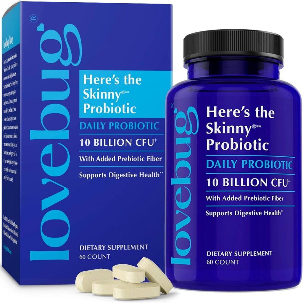 LOVEBUG Skinny Prebiyotiks and Probiyotiks for Women Digestive Health & Immune Support - 10 Milyar CFU Probiyotik Strains Gut Health, Gas, Constipation & Bloating, 60ct