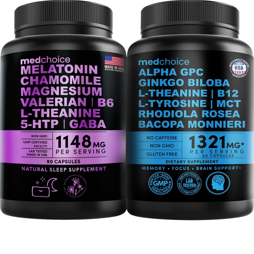 MEDCHOICE Sleep Melatonin (90ct) ve Nootropic Brain (60ct) Supplement - Wellness Duo for Sleep, Brain, Focus, & Mood Support - Vegan, Non-GMO, Gluten-Free-Free
