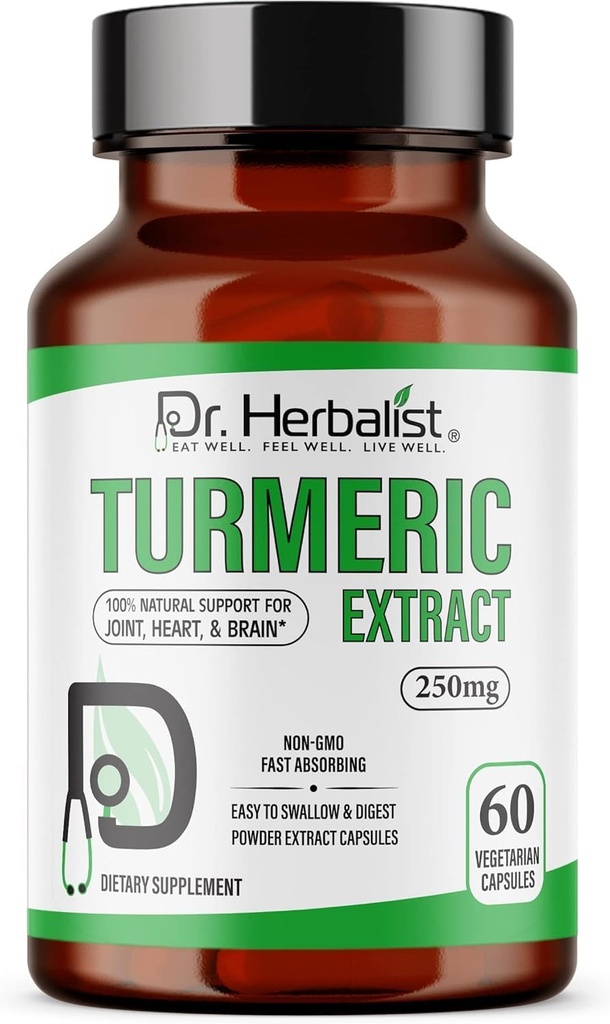 Dr. HERBALIST Turmeric Curcumin Extract 250mg – 60 Vegan Capsules | 10:1 Extract = 2,500mg Raw Turmeric | Standardized for Bioavailable Curcuminoids | Natural Plant-Based Support