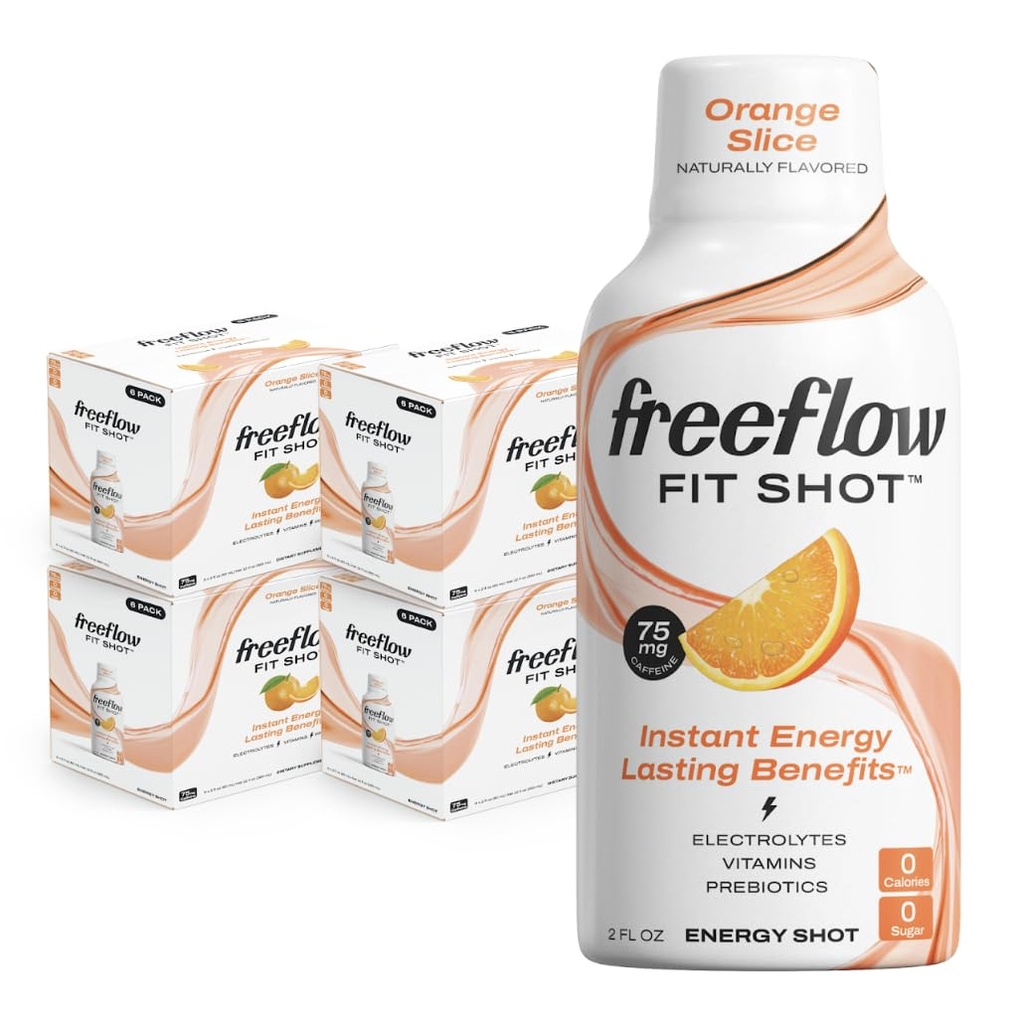 Freeflow Fit Energy Shots, Orange Slice, Natural Caffeine Boost with L-theanine, Ginseng, Vitaminler, Prebiyotikler, Electrolytes (24, 2oz Shots)