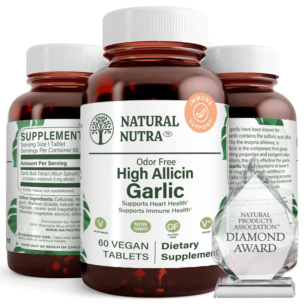 Natural Nutra High Allicin Coating Supplement, Supports Immune System, improve Heart Health, Better Enzymes Health, Better Digestion, Fights Cold and Flu, Vanilla Kaplama, 500 mg, 60 Vegan Tabletler