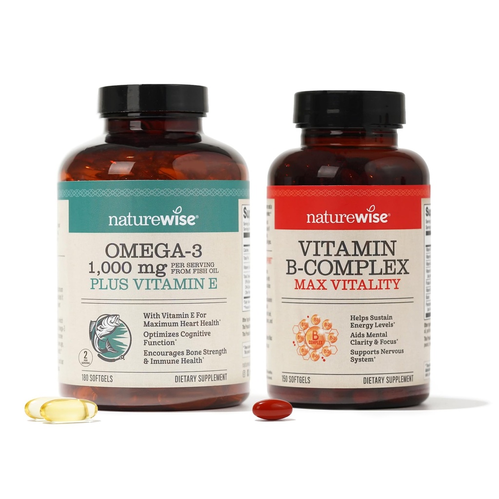 NatureWise 1000 mg Omega 3 600 mg EPA 400 mg DHA with Vitamin E 180ct & Vitamin B Kompleksi for Women and Men 150 Softgels[5-Month Supply]