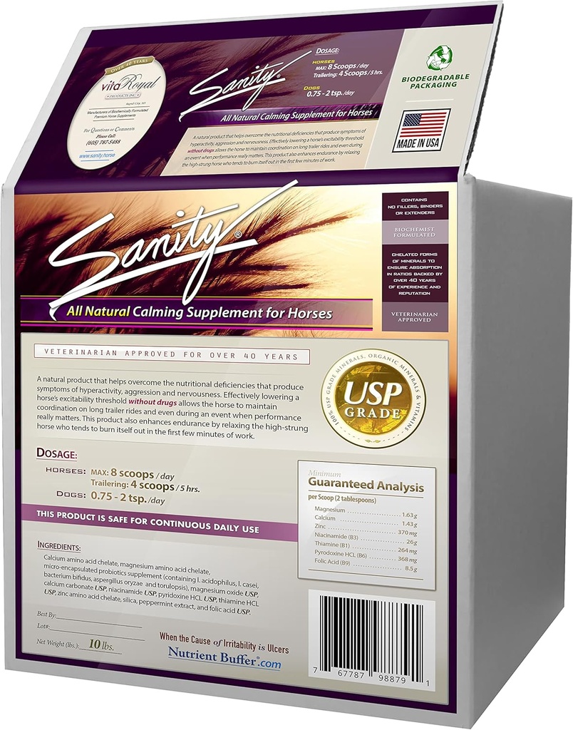 Sanity – Equine Davranışsal Calming Focus Supplement for Horses - Magnezyum, Kalsiyum, çinko, B Vitaminleri, Amino Asitler, Probiyotikler, Thiamine, Folic Acid, Niacin, Peppermint & More
