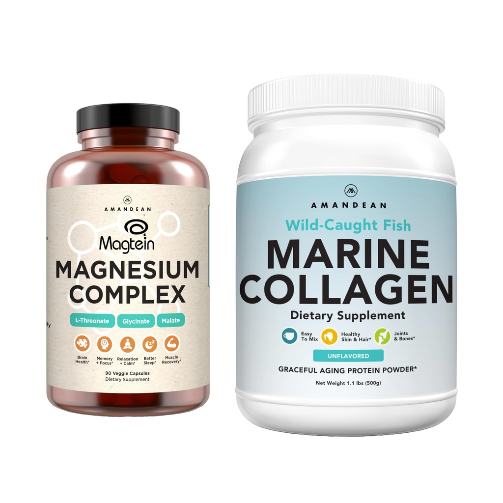 AMANDEAN Premium Magnezyum Kompleksi ve Marine Collagen Sche. Yüksek hacimli Magnezyum Threonate, Glycinate & Malate. Wild-Caught Hydrolyzed Fish Collagen protein. Quality Sleep, Skin & Mood