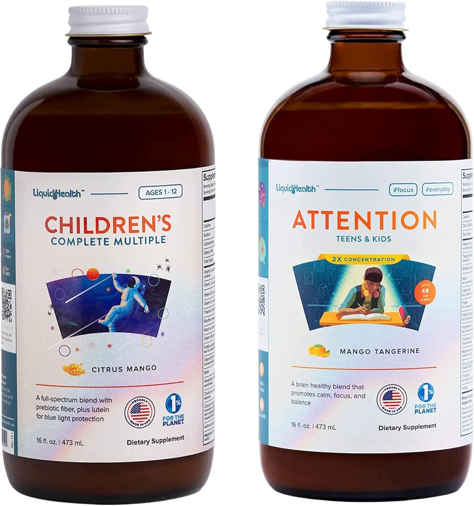 LIQUIDHEALTH Çocukların Tamam Çokvitamin ve Dikkat Et & Çocuklar Çocuklar için Sıvı Vitamini - Immune Support, Focus, Concentration, Boost Mood - Vegan, Non-GMO, Made in USA
