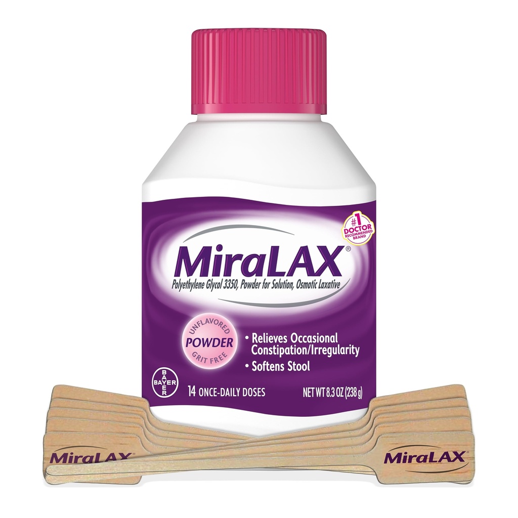 MiraLAX Laxative Toz, Yetişkinler için Nazik Müdahale Yardımı, PEG 3350 ile Stool Softener, Nonstimulant Laxative, No Harsh Side Effects, Adds Stirrer, 14 Dose
