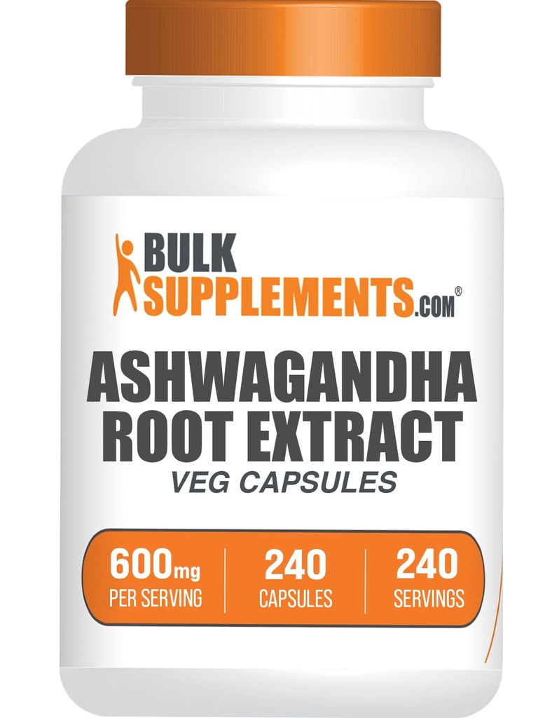 BulkSupplements.com Ashwagandha Root Extract Capsules - Ashwagandha 600 mg, Ashwagandha Supplement, Ashwagandha Root Capsules, Vegan & Gluten Free, 1 Capsules per Service, 240 Veg Capsules