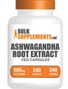 BulkSupplements.com Ashwagandha Root Extract Capsules - Ashwagandha 600 mg, Ashwagandha Supplement, Ashwagandha Root Capsules, Vegan & Gluten Free, 1 Capsules per Service, 240 Veg Capsules