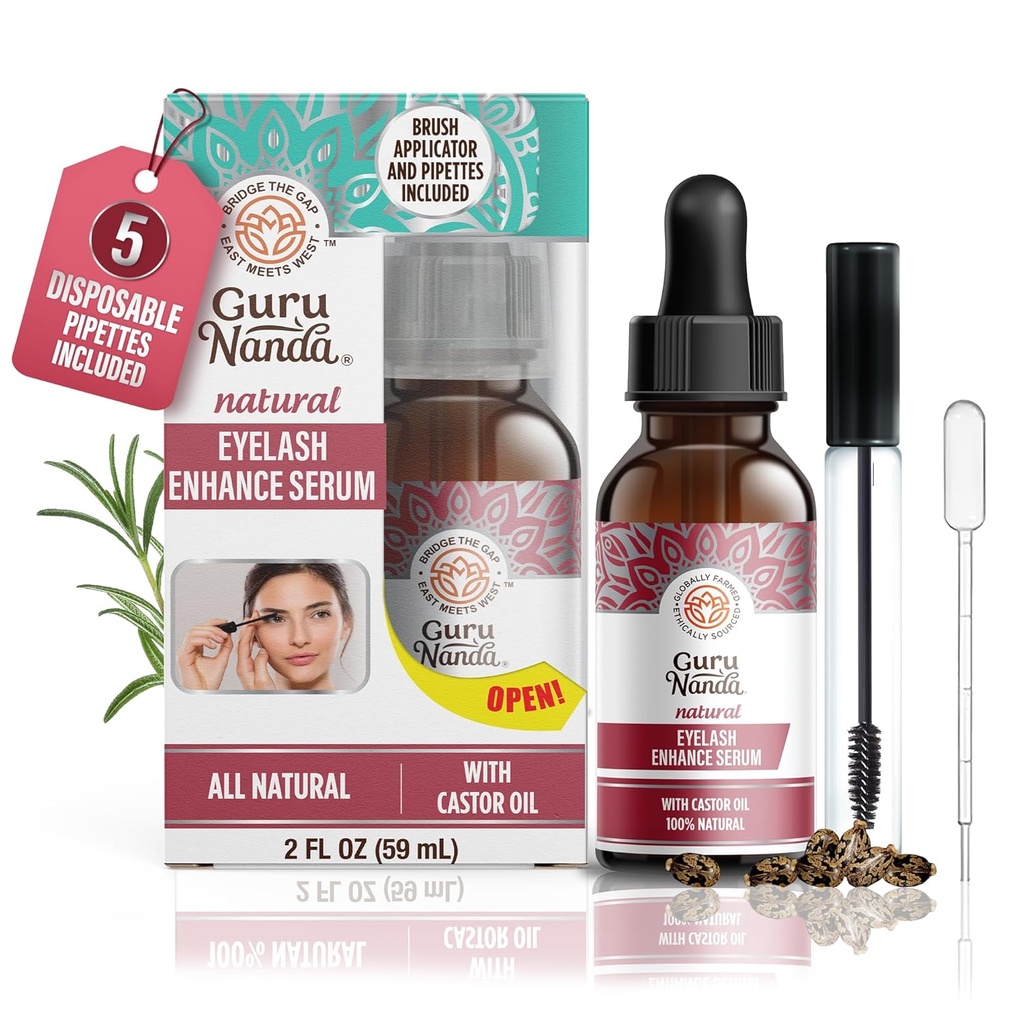 GuruNanda Natural Castor Oil Eyelash Rosemary Oil - Brush Applicator & 5 Pipettes, Eyebrows & Beards için Doğal Saç Büyümesine Yardım Ediyor, 2 Fl Oz