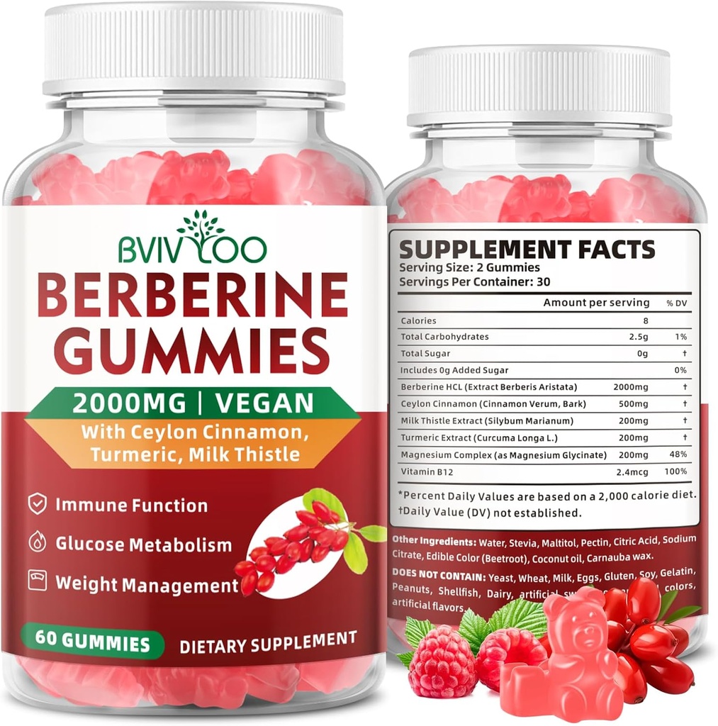 Premium Berberine Gummies, 2000 mg High Potency Berberine HCI Supplement, Plus Ceylon Cinnamon, Milk Butle for Women & Men, Immune System & Metabolism Support - 60 Gummies