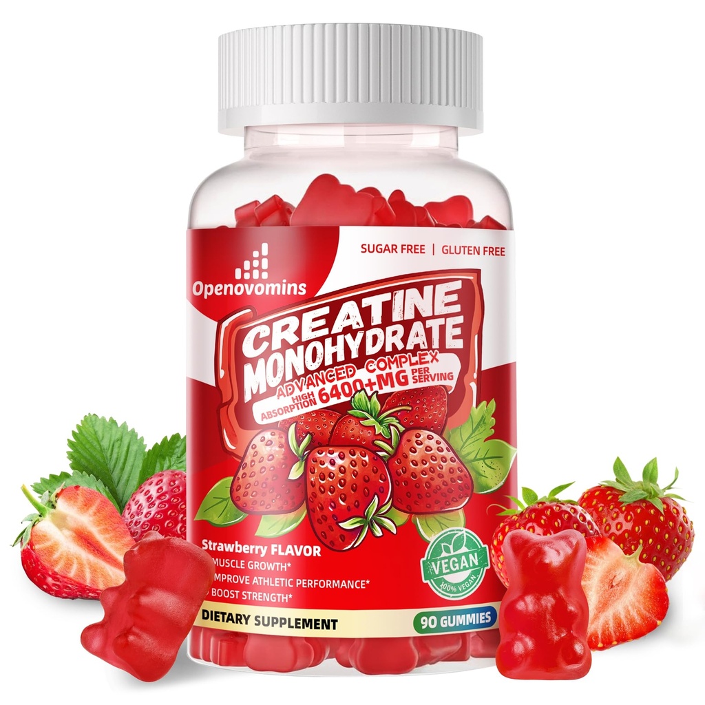 Erkekler ve Kadınlar için Kreatif Monohidrat Gummies Kompleksi - İleri Formula W/L-Taurine + Vitamin B12, Sugar Free Chewable Supplement,90 Strawberry Gummies Kompleksi
