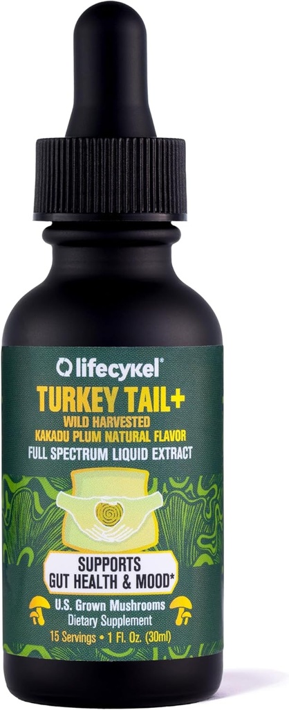 Life Cykel - Turkey Tail Mushroom Liquid Extract with Kakadu Plant - Immune Support & Digestive Health Prebiyotik Supplement - Vegan, Non-GMO ve Gluten Free - 1 Fl Oz