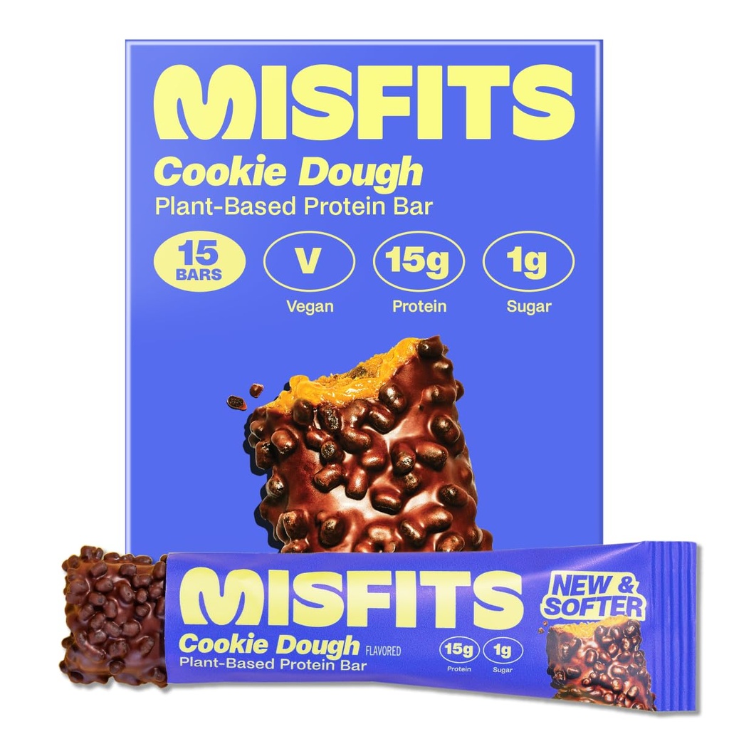 Misfits Vegan protein Bars, Cookie Dough - Güncelleme Recipe | Plantive, Low Sugar & Carb, High Fiber Snacks | Pack of 15