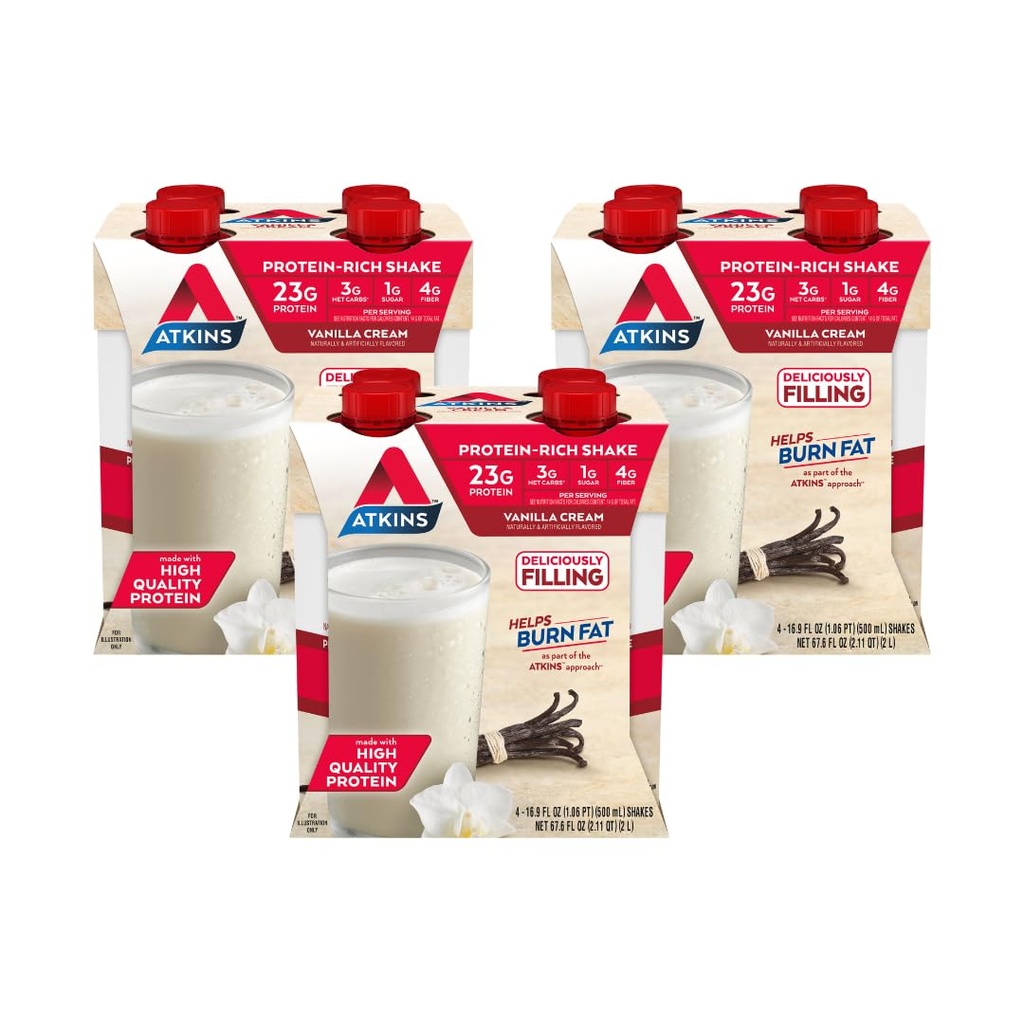 Atkins Vanilla Cream Meal Boyut Protein Shake, 23g protein, Low Glycemic, 3g Carb, 1g Sugar, Keto Friendly